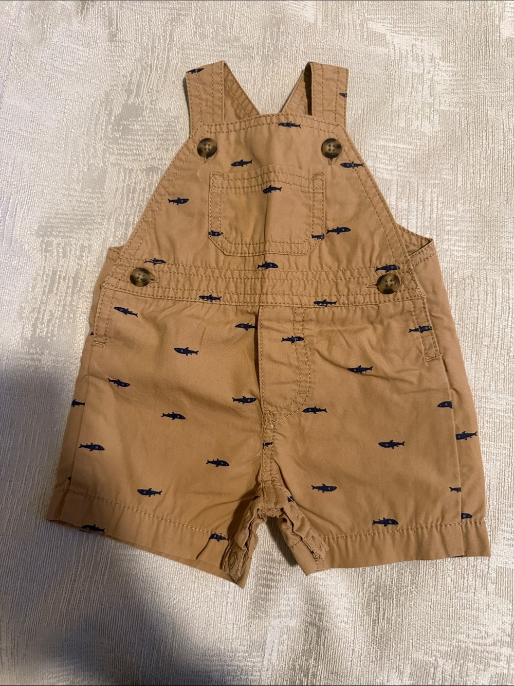 Carter's Tan Short Overalls with Navy Shark Print